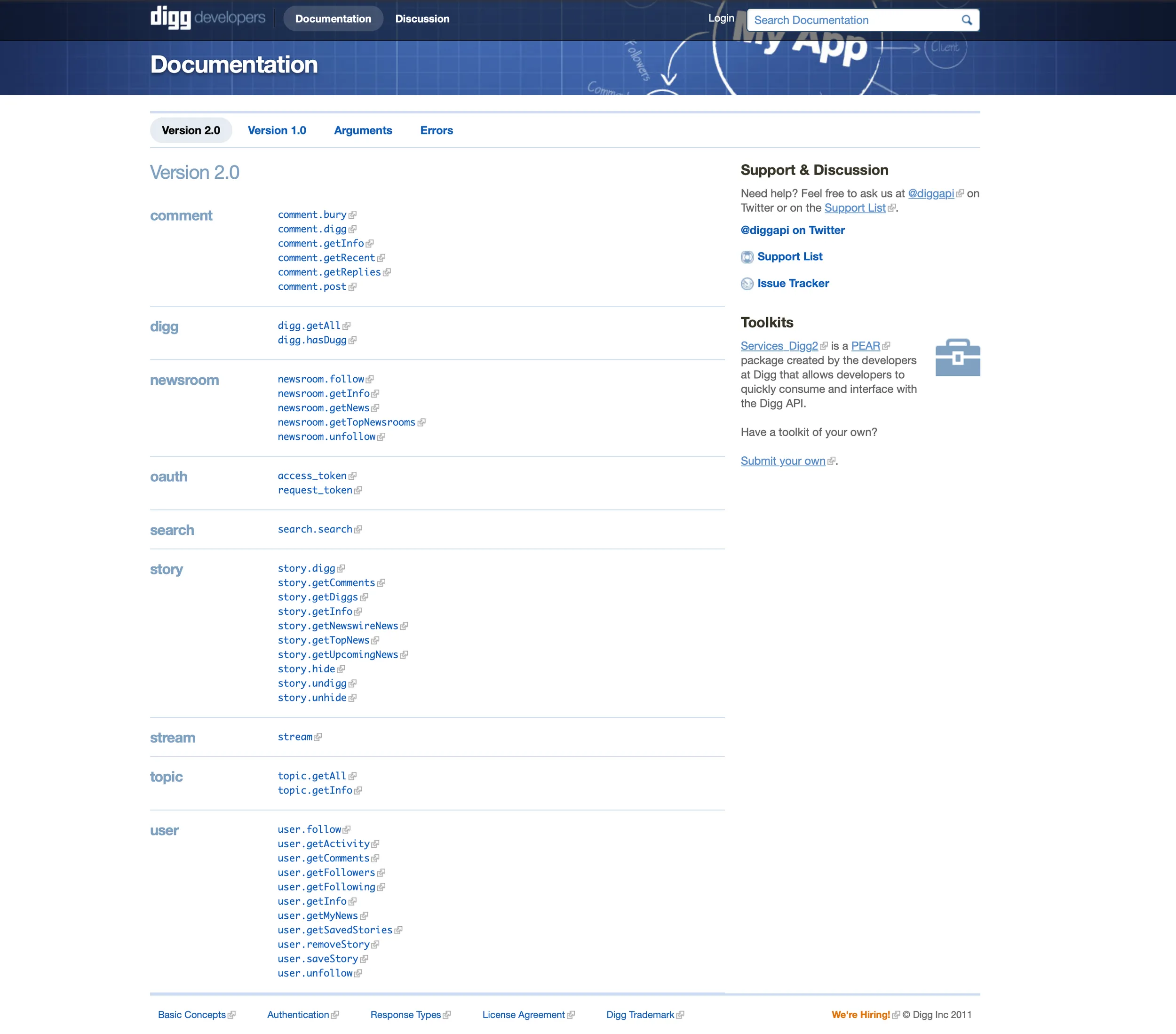 Digg API documentation with an endpoint reference and navigation.